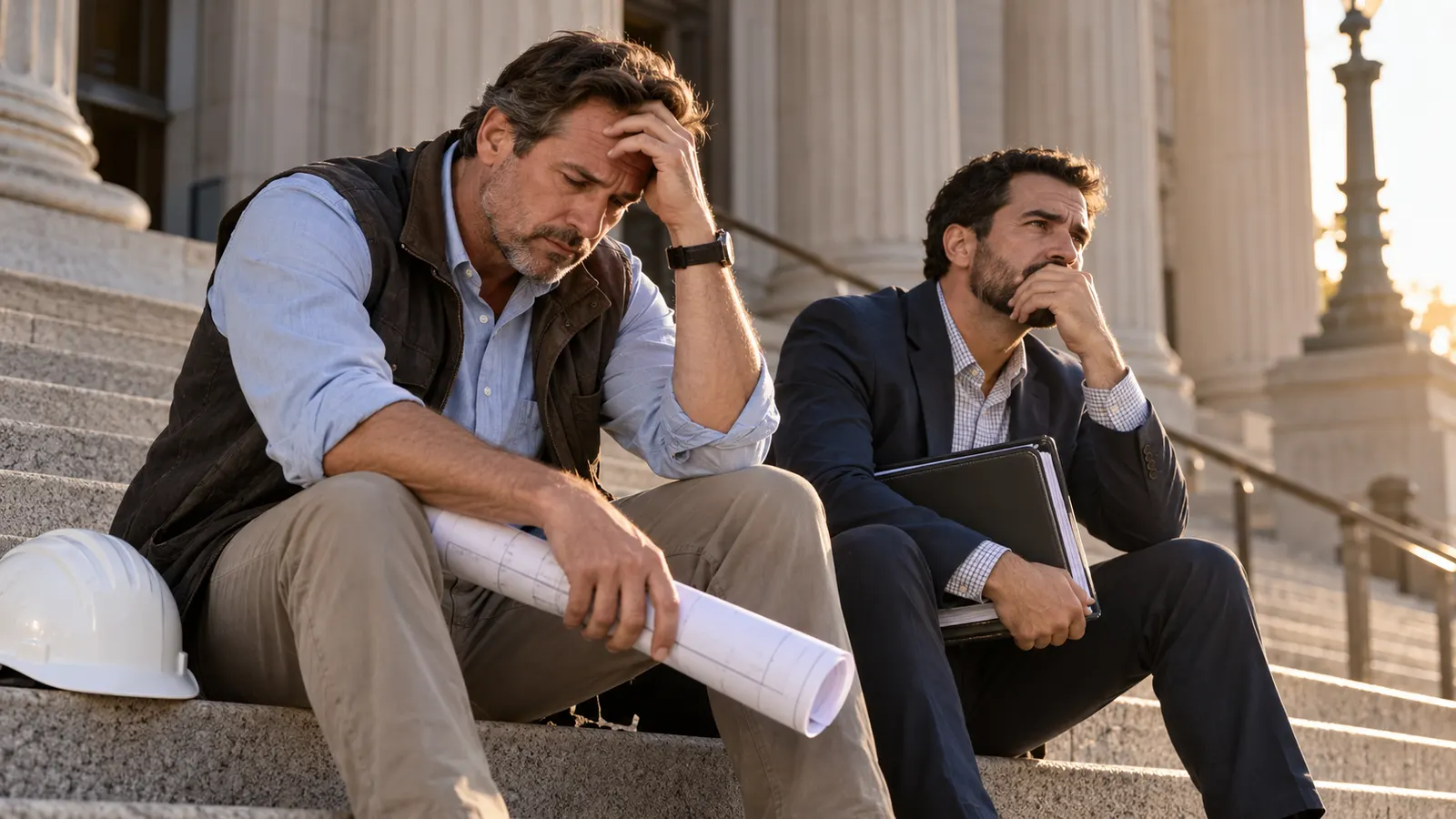 A contractor and a man in a suit sit defeated on courthouse steps