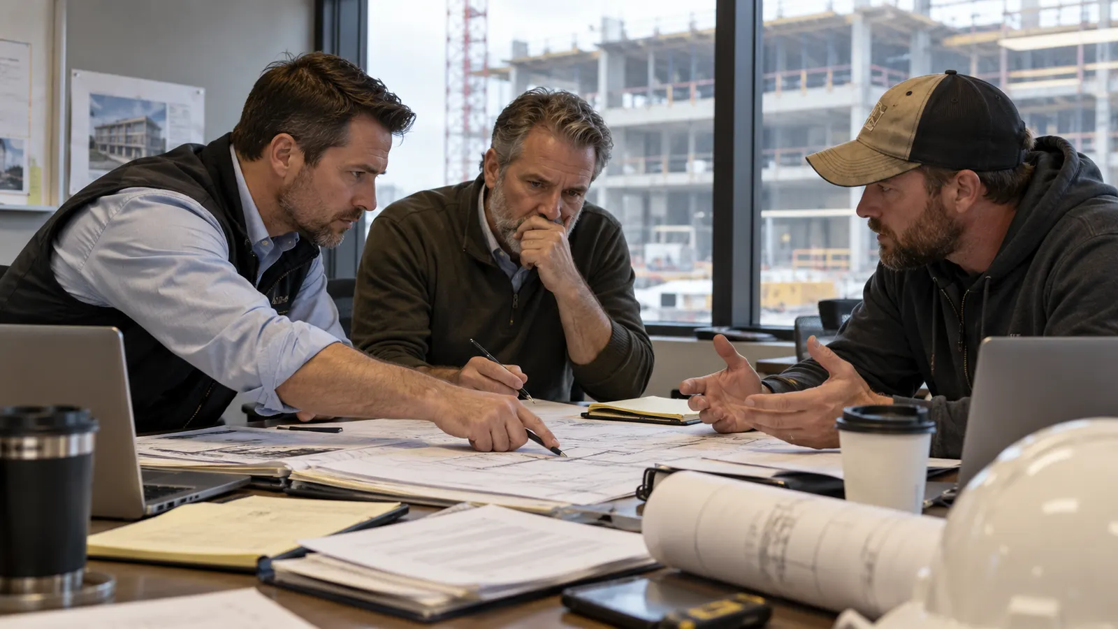 A general contractor, an owner and a subcontractor argue across a table of drawings