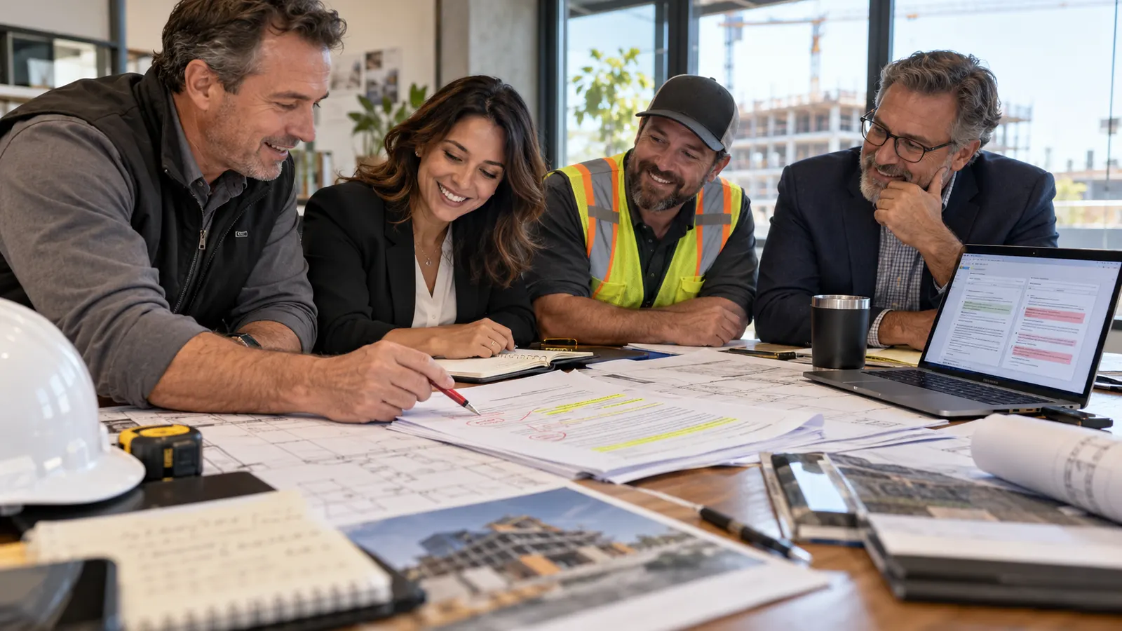 A general contractor, a subcontractor in a high-visibility vest and two colleagues smiling over marked-up drawings at a table