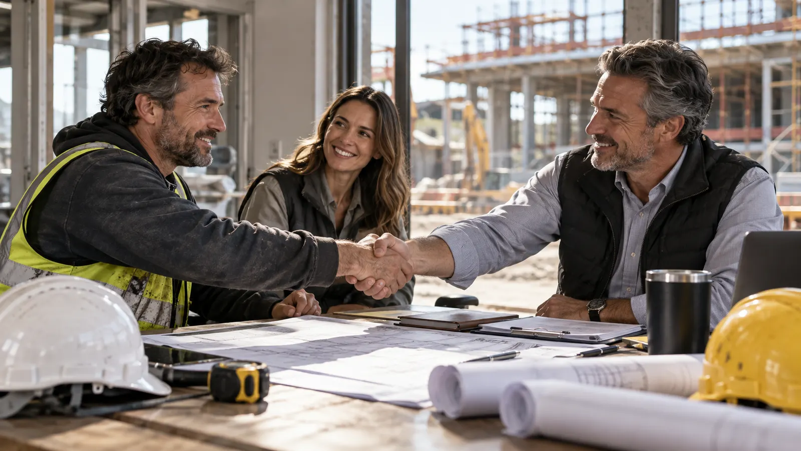 A subcontractor and a general contractor shaking hands across a table of drawings
