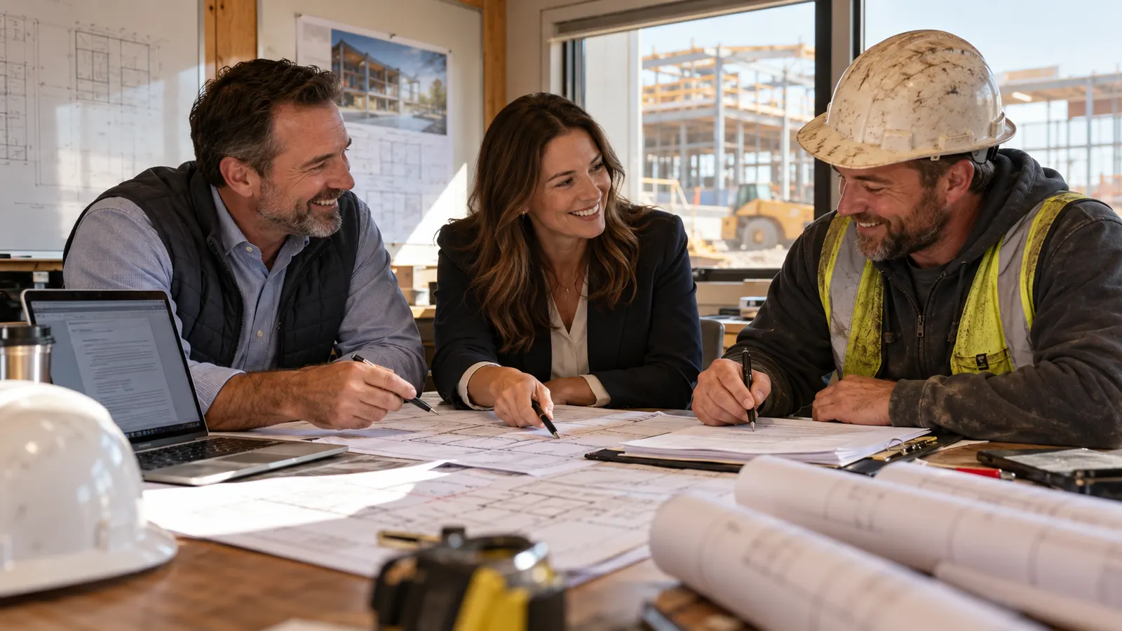 A general contractor, a developer and a subcontractor signing a contract together