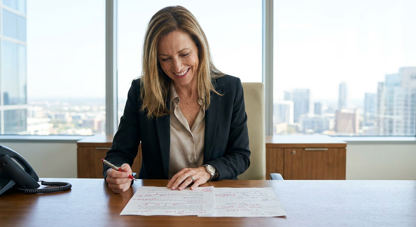 A reviewer reading through a construction contract at a desk