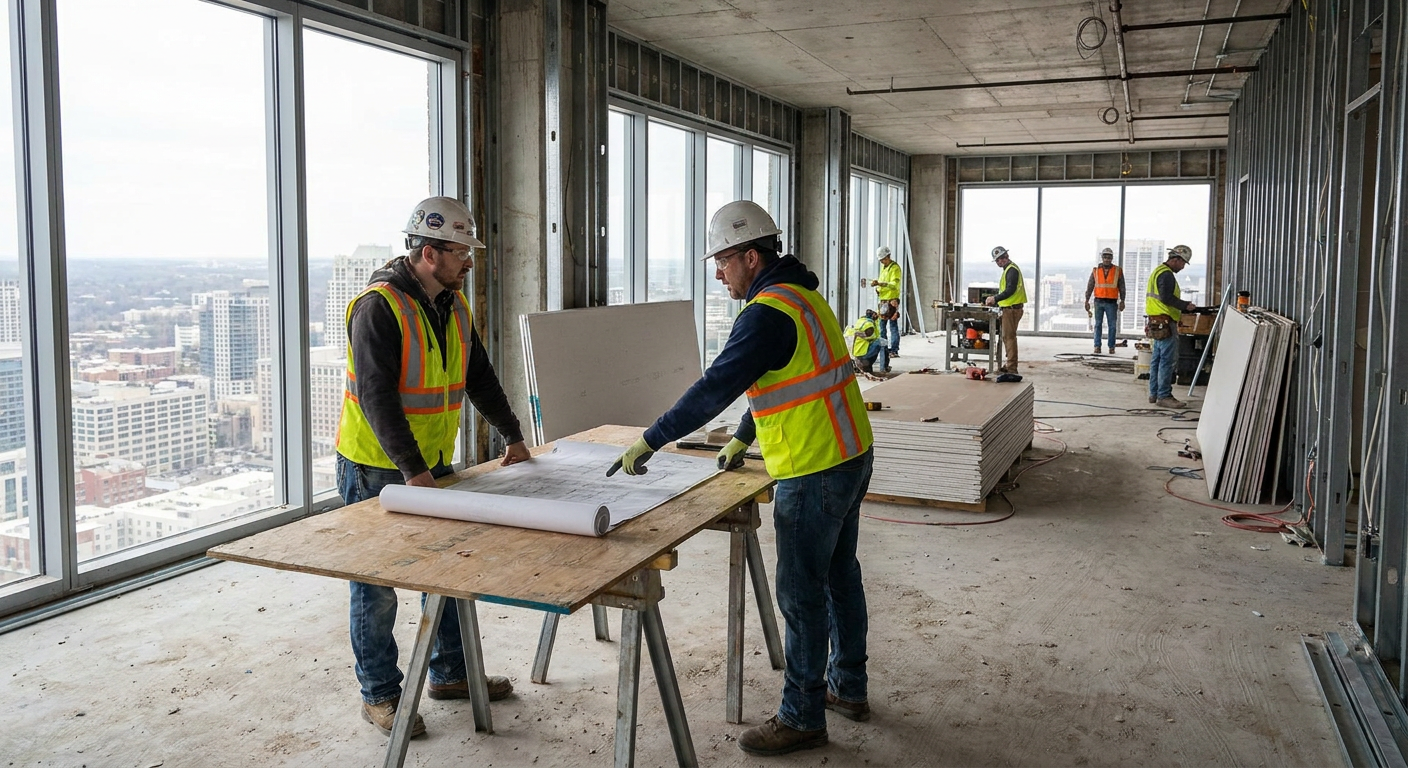 Construction crew reviewing plans on an active jobsite