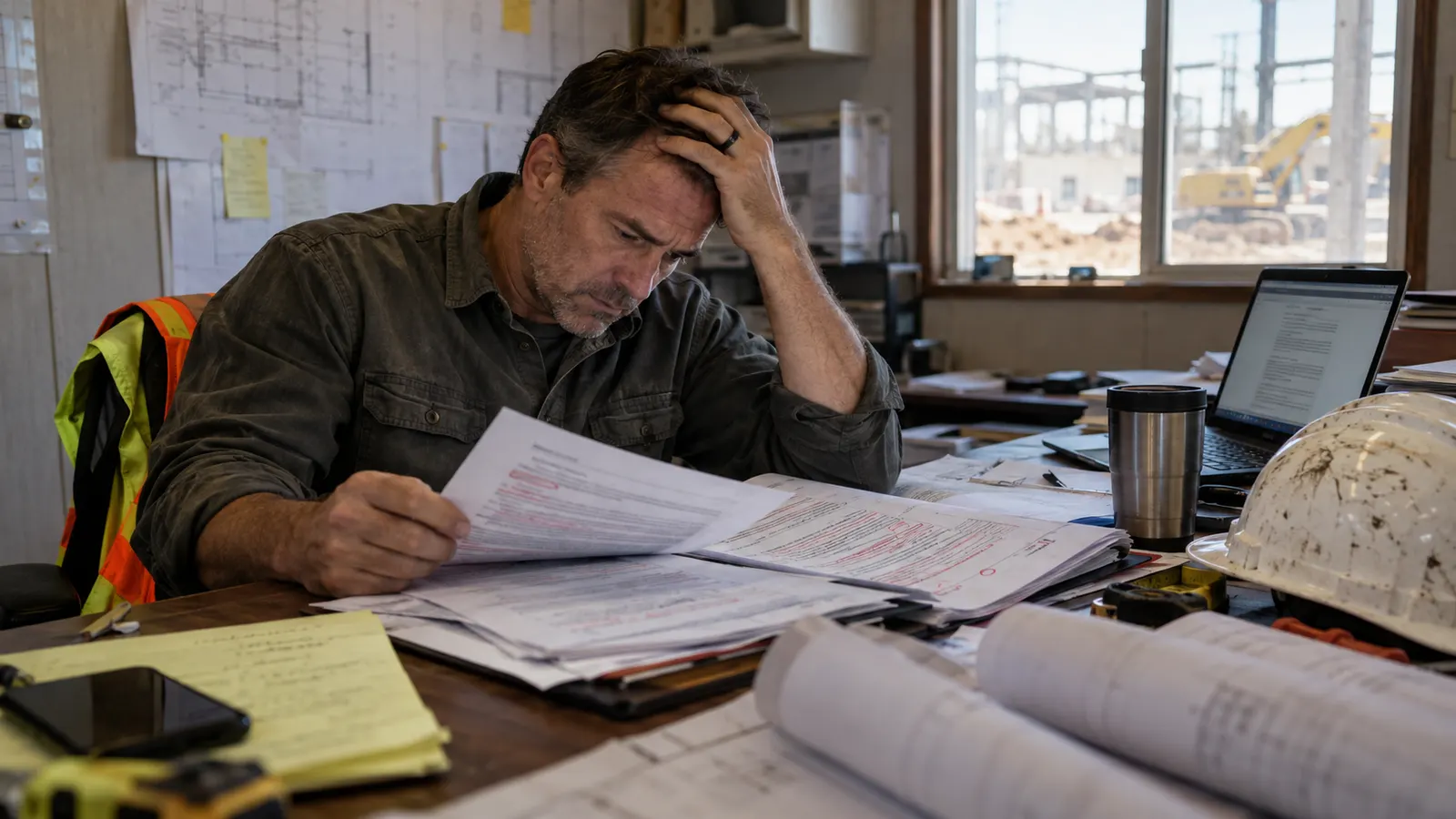 A subcontractor alone in a jobsite trailer reading a contract covered in red markup